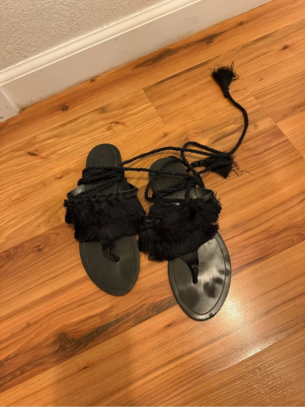 Zara Black Fringe Tie-Up Sandals - Picture 3 of 9